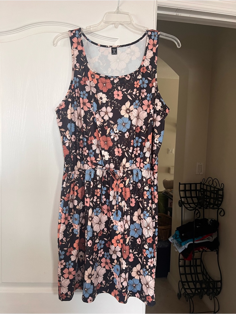 SHEIN Black Floral Tie-Waist Sleeveless Mini Dress with Pink & Blue Flowers